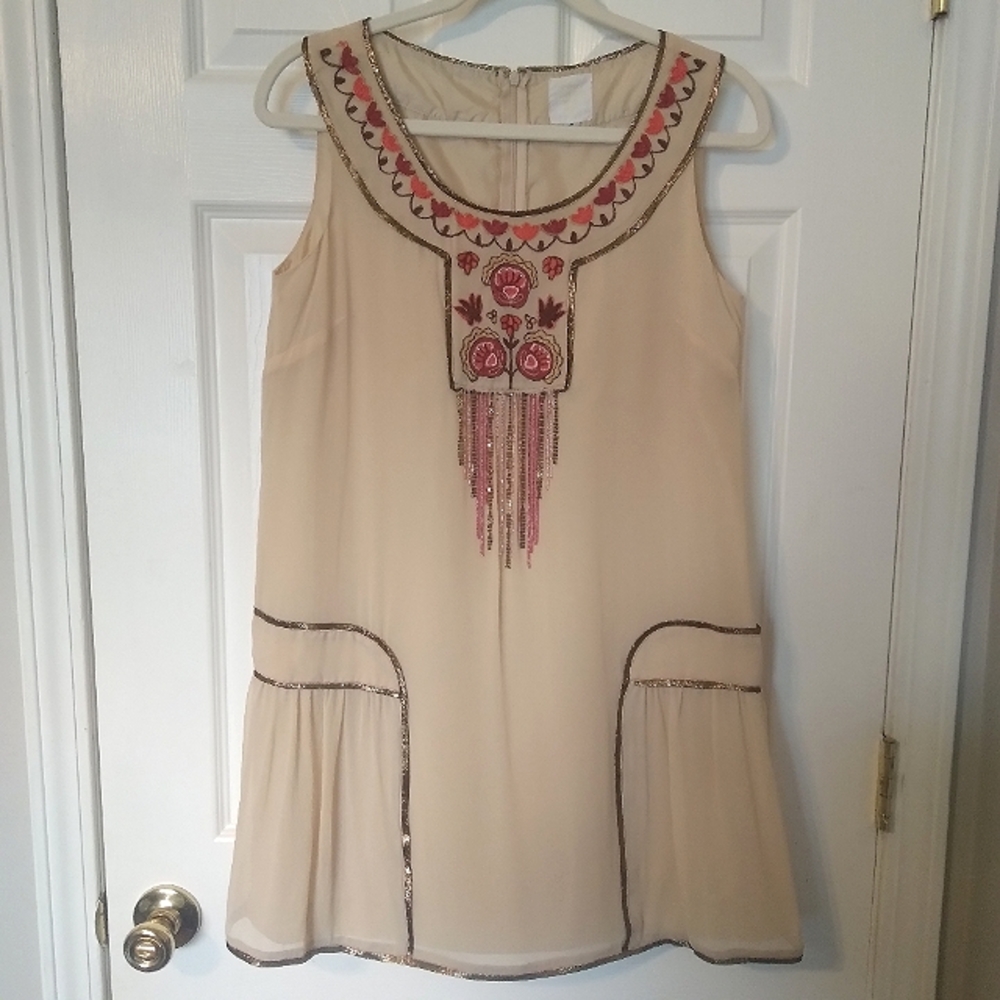 Anna Sui embroidered cream beige silk shift dress